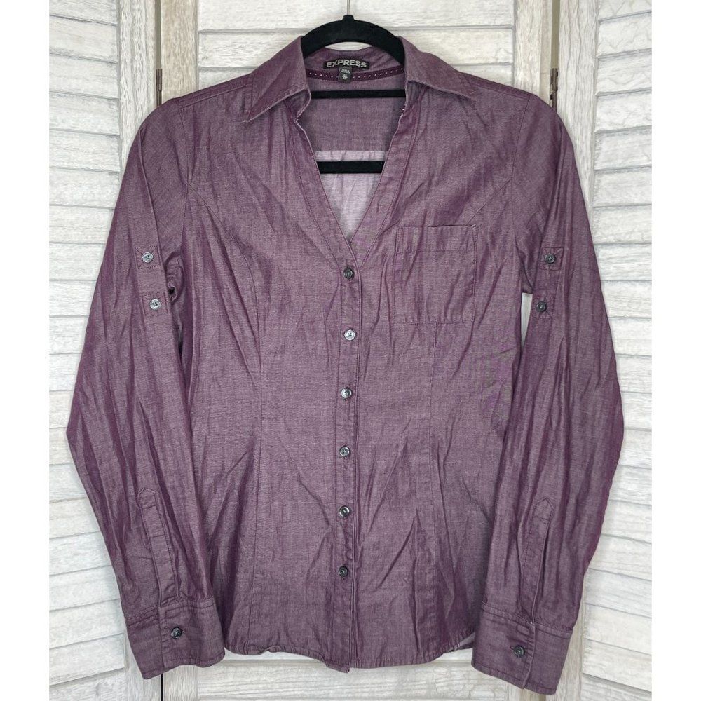 Express Purple Button Down Shirt Convertible Sleeve Size XS